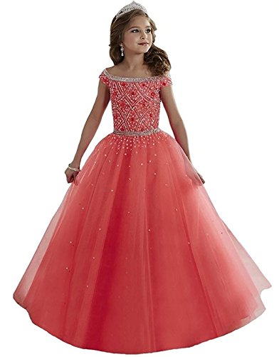 Carnivalprom Mädchen Perlen Blumenmädchen Kleider Bodenlanges Kinderkleid Erste Kommunikation Kleider Ballkleid Partyskleid(Wassermelone,11-12 Jahre) von Carnivalprom