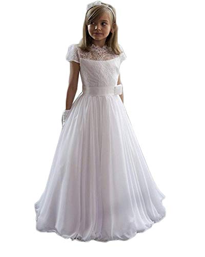 Carnivalprom Mädchen Prinzessin Blumenmädchenkleider Brautjungfern Kleider für Hochzeit Kinderkleid Spitze Kommunionkleid Mit Kurzarm Partyskleid(Elfenbein,8-9 Jahre) von Carnivalprom