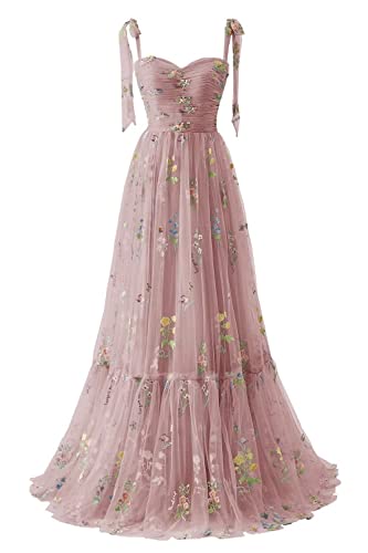 Frauen Blumen Stickerei Abendkleider Abschlussball Kleider Spaghetti Träger Brautjungfernkleid A Line Formal Party Kleid(A-Dusty Rosa,48) von Carnivalprom