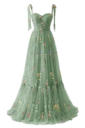 Frauen Blumen Stickerei Abendkleider Abschlussball Kleider Spaghetti Träger Brautjungfernkleid A Line Formal Party Kleid(A-Grün,32) von Carnivalprom