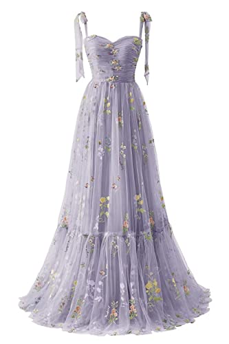 Frauen Blumen Stickerei Abendkleider Abschlussball Kleider Spaghetti Träger Brautjungfernkleid A Line Formal Party Kleid(A-Lavendel,52) von Carnivalprom