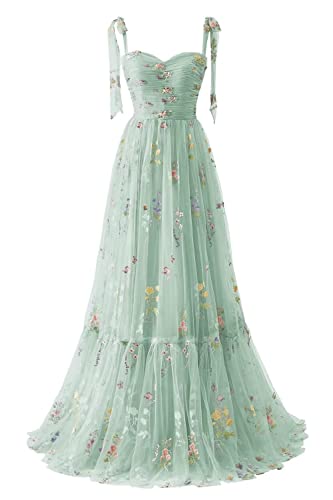 Frauen Blumen Stickerei Abendkleider Abschlussball Kleider Spaghetti Träger Brautjungfernkleid A Line Formal Party Kleid(A-Minze,32) von Carnivalprom