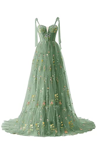 Frauen Blumen Stickerei Abendkleider Abschlussball Kleider Spaghetti Träger Brautjungfernkleid A Line Formal Party Kleid(B-Grün,38) von Carnivalprom