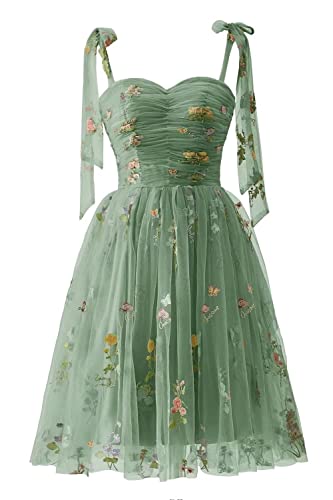 Frauen Blumen Stickerei Abendkleider Abschlussball Kleider Spaghetti Träger Brautjungfernkleid A Line Formal Party Kleid(C-Grün,40) von Carnivalprom