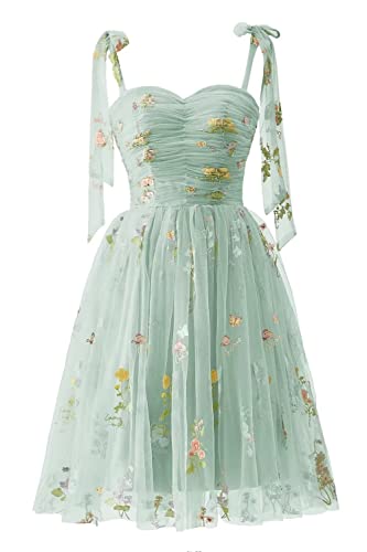 Frauen Blumen Stickerei Abendkleider Abschlussball Kleider Spaghetti Träger Brautjungfernkleid A Line Formal Party Kleid(C-Minze,48) von Carnivalprom