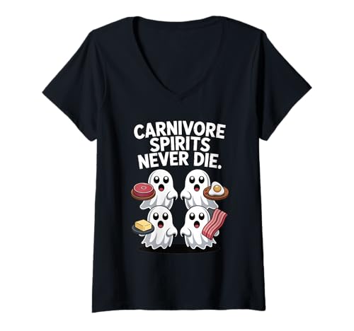 Damen Carnivore Spirits Never Die Lustiger Geist Halloween Low Carb T-Shirt mit V-Ausschnitt Damen Carnivore Spirits Never Die Lustiger Geist Halloween Low Carb T-Shirt mit V-Ausschnitt von Carnivore Diet Spirits Funny Ghosts Merch.