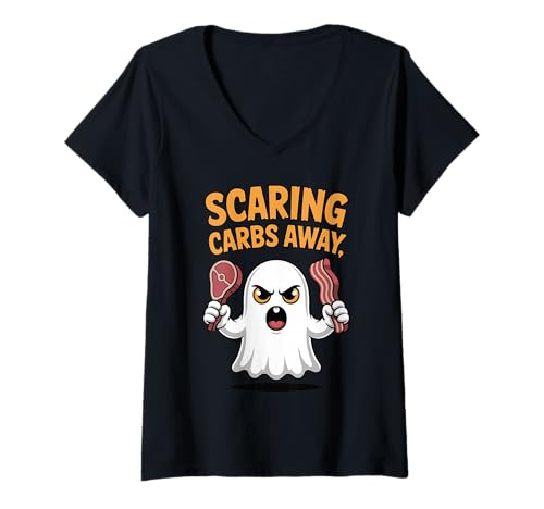 Damen Scaring Carbs Away Funny Ghost Meat Lover Carnivore Diät T-Shirt mit V-Ausschnitt Damen Scaring Carbs Away Funny Ghost Meat Lover Carnivore Diät T-Shirt mit V-Ausschnitt von Carnivore Haunts And Humor Merch.