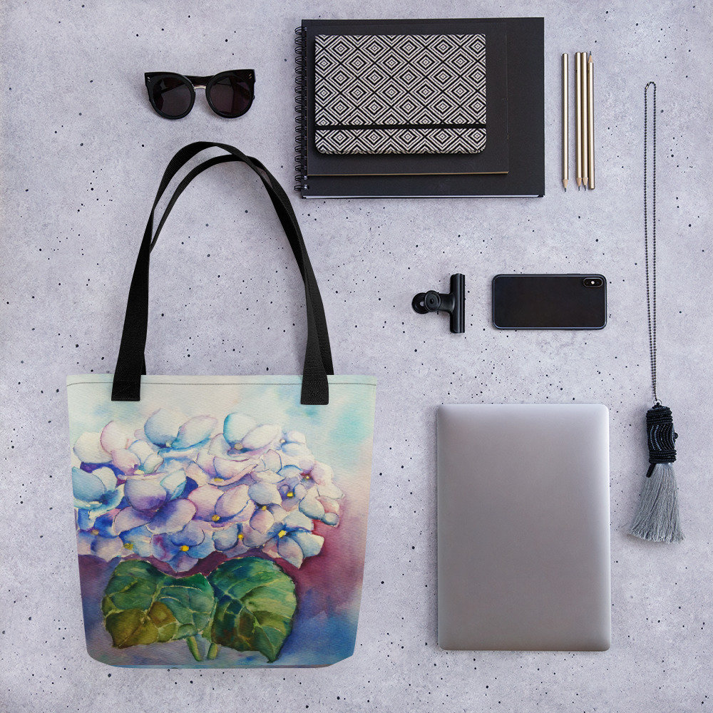 Handbemalte Aquarellfarbe Hydrangea Allround-Druck Tote Handbemalte Aquarellfarbe Hydrangea Allround-Druck Tote von CarolbabyArt