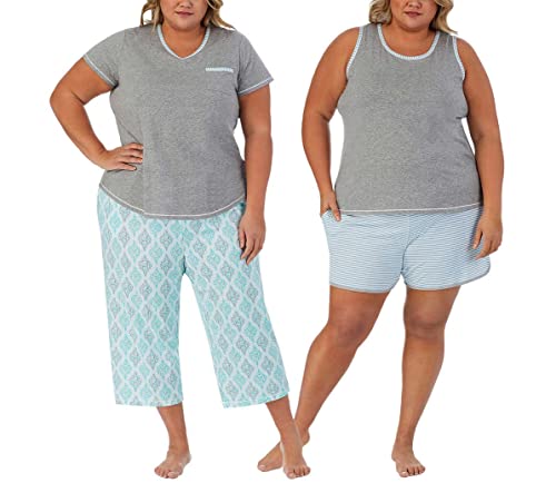 Carole Hochman 4-teiliges Pyjama-Set für Damen, Tank-Top, kurzärmeliges Oberteil, kurze und Caprihose, Grau/Blau, XL von Carole Hochman