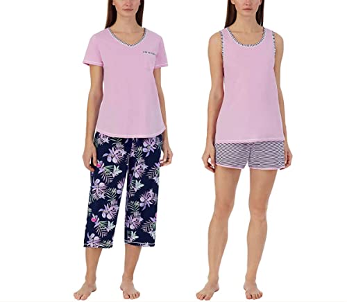 Carole Hochman 4-teiliges Pyjama-Set für Damen, Tank-Top, kurzärmeliges Oberteil, kurze und Caprihose, Lila-Blumenmuster, XL von Carole Hochman