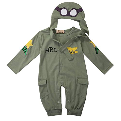 Carolilly 2 Stück Herbst komplette Neugeborenen Jacke Pilot Stil grün Militär lange Ärmel + Hut Unisex Baby Bodysuit Baby Body Anzug (Militär-Grün, 6-12 Monate) von Carolilly