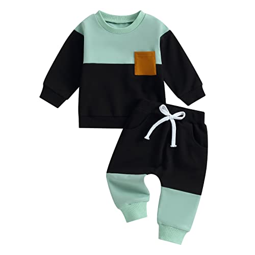 Carolilly 2 Stück Set Sportanzug Baby Kleinkind Sportanzug Jungen Jungen Kontrastfarbe Sweatshirt Ohne Kapuze Rundhalsausschnitt Langarm + Hose Elastische Taille, Schwarz , 18-24 Monate von Carolilly