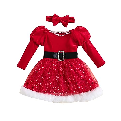 Carolilly 2 Stück Set für Mädchen, Weihnachtskleid, für Mädchen, mit langen Ärmeln, aus rotem Tüll, Prinzessinnenkleid, Winterkleid + Stirnband, rot, 3-4 Jahre von Carolilly