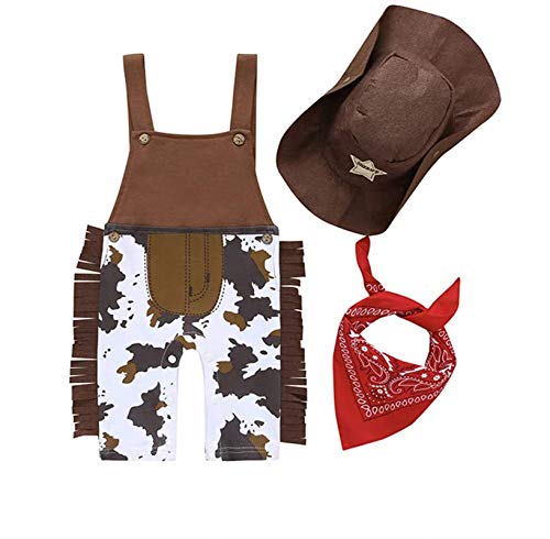 Carolilly 3 stücke Neugeborenes Baby Junge Cowboy Spielanzug Strampler Quaste Overall Sunsuit Schal Hut Outfits Kleidung Set (Braun, 0-6M) von Carolilly