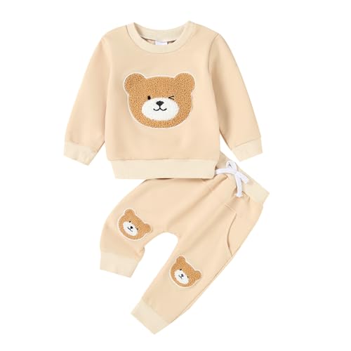 Carolilly Baby Anzug 2 Stück Kleidung Outfit Babykleidung Set Niedlich Langarm Sweatshirt Gestickter Bär+Lange Hose Warmer Kinderanzug Herbst Frühling (A Aprikose, 0-6 Monate) von Carolilly