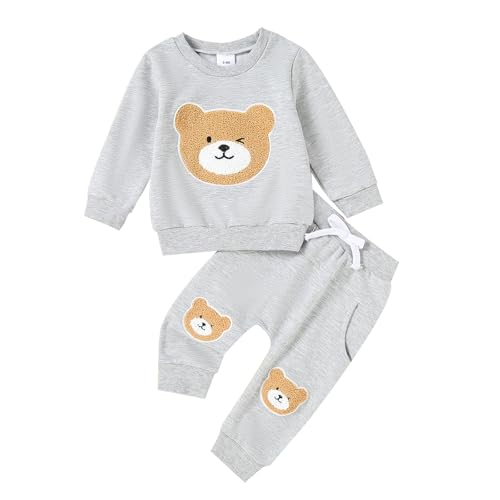 Carolilly Baby Anzug 2 Stück Kleidung Outfit Babykleidung Set Niedlich Langarm Sweatshirt Gestickter Bär+Lange Hose Warmer Kinderanzug Herbst Frühling (A Grau, 2-3 Jahre) von Carolilly