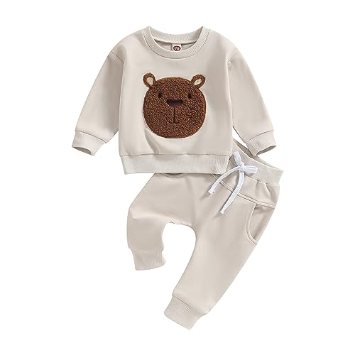 Carolilly Baby Anzug 2 Stück Kleidung Outfit Babykleidung Set Niedlich Langarm Sweatshirt Gestickter Bär+Lange Hose Warmer Kinderanzug Herbst Frühling (Aprikose, 12-18 Monate) von Carolilly