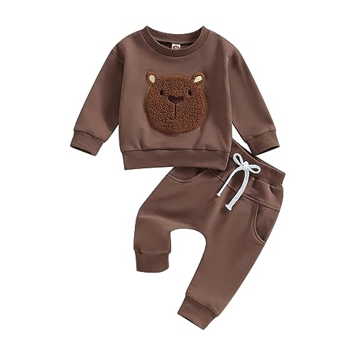 Carolilly Baby Anzug 2 Stück Kleidung Outfit Babykleidung Set Niedlich Langarm Sweatshirt Gestickter Bär+Lange Hose Warmer Kinderanzug Herbst Frühling (Braun, 0-6 Monate) von Carolilly