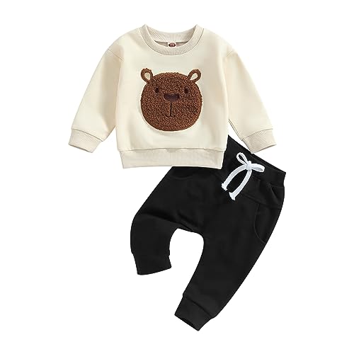 Carolilly Baby Anzug 2 Stück Kleidung Outfit Babykleidung Set Niedlich Langarm Sweatshirt Gestickter Bär+Lange Hose Warmer Kinderanzug Herbst Frühling (Creme+Schwarz, 0-6 Monate) von Carolilly