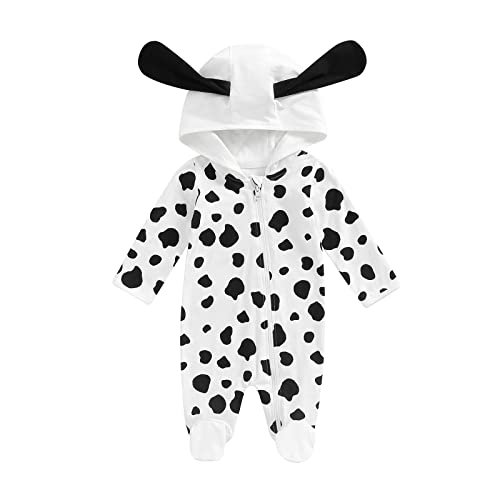 Carolilly Baby Jungen Halloween Overall Outfit Dalmatiner Langarm Gefleckter Strampler mit Reißverschluss Schlafanzug Kinderkostüm Overall Halloween (Schwarz-Weiss, 0-3 Months) von Carolilly