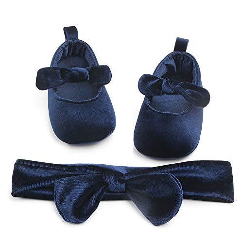 Carolilly Baby-Schuhe, für erste Schritte, Bowknot, für Babys, Prinzessinnen, rutschfest, mit Stirnband, Blau 12-18 Monate von Carolilly