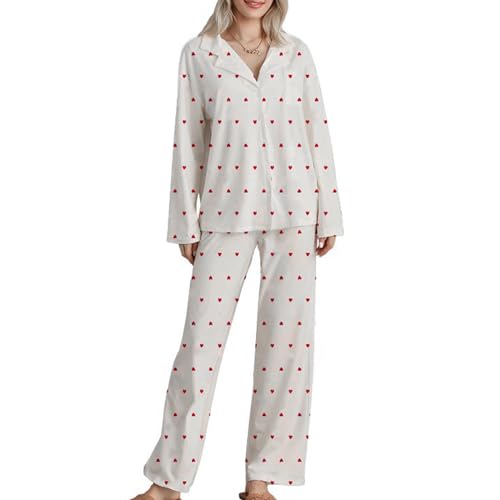 Carolilly Damen 2 Stück Niedlich Pyjama Set Langarm Revers Button Up Shirt Floral/Herz Nachtwäsche Loungewear PJ Set Print Lounge Sets (Weiß, L) von Carolilly
