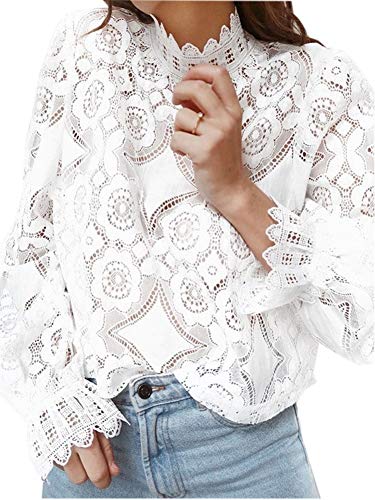 Carolilly Damen Elegant Spitze Langarmshirt Bluse Spitzenshirt Top Crop Top Netzspitze Tunika Hemd (Weiß, M) von Carolilly