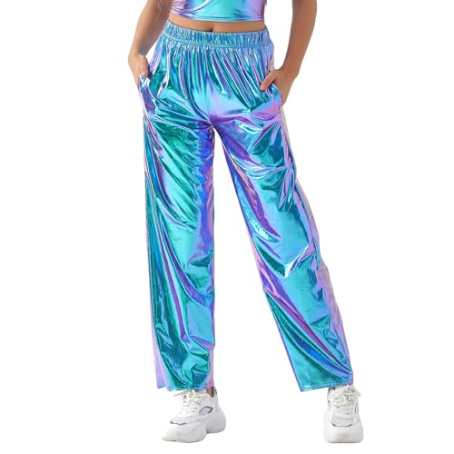 Carolilly Metallic Hose Damen High Waist Hose Streetwear Damen Haremshose Hip Hop Reflektierende Hose Clubwear (A Blau, M) von Carolilly