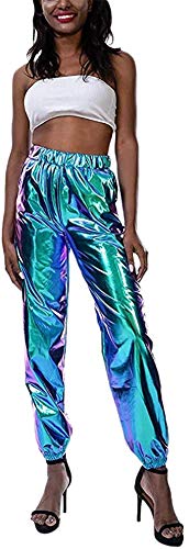 Carolilly Metallic Hose Damen High Waist Hose Streetwear Damen Haremshose Hip Hop Reflektierende Hose Clubwear (Blau, 2XL) von Carolilly