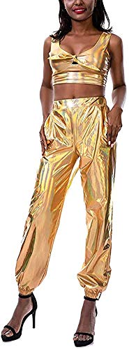 Carolilly Metallic Hose Damen High Waist Hose Streetwear Damen Haremshose Hip Hop Reflektierende Hose Clubwear (Gold, S) von Carolilly