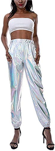 Carolilly Metallic Hose Damen High Waist Hose Streetwear Damen Haremshose Hip Hop Reflektierende Hose Clubwear (Silber1, L) von Carolilly