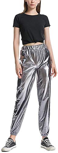 Carolilly Metallic Hose Damen High Waist Hose Streetwear Damen Haremshose Hip Hop Reflektierende Hose Clubwear (Silber2, 2XL) von Carolilly