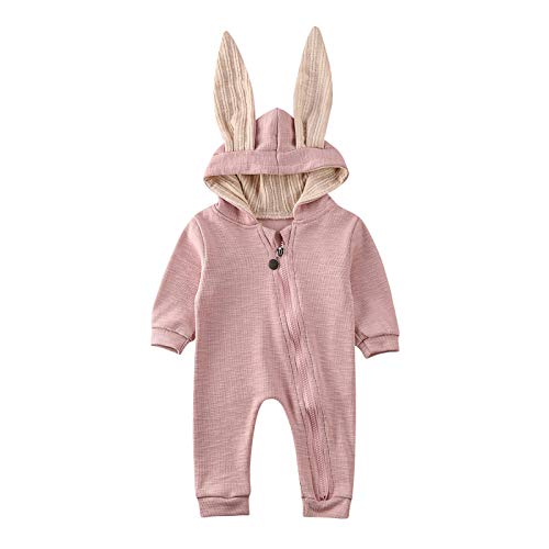 Carolilly Schlafanzug Baby Mädchen Pyjama Jungen Strampler Ostern Hasen Ohren Hoodie Herbst Winter (Rosa 1, 0-6 Monate, 59) von Carolilly