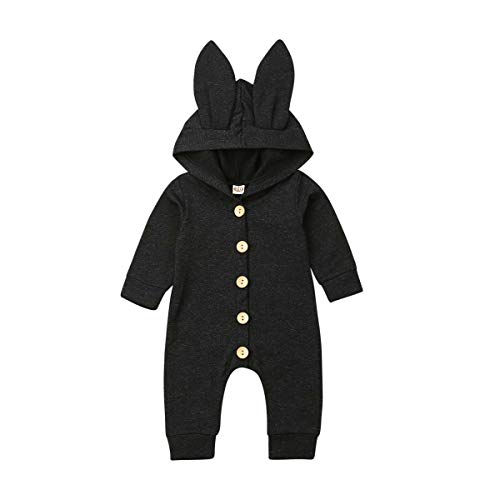 Carolilly Schlafanzug Baby Mädchen Pyjama Jungen Strampler Ostern Hasen Ohren Hoodie Herbst Winter (Schwarz, 0-6 Monate, 70) von Carolilly