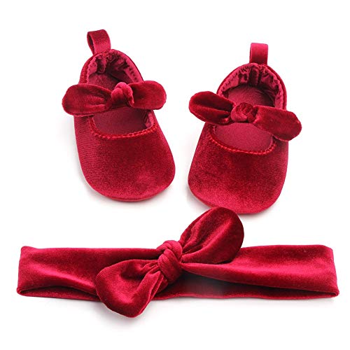 Carolilly Set Babyschuhe für Kleinkinder und Kleinkinder, mit Schleife, rutschfest, mit Stirnband, Rot 0-6 Monate von Carolilly