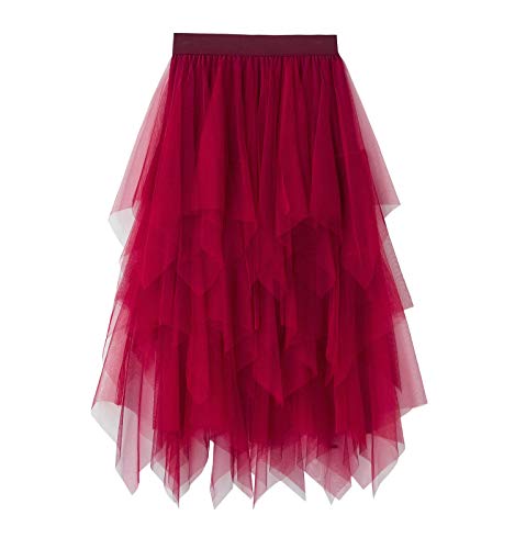 Carolilly Tutu Tüllrock Damen Rock Knielang Petticoat A Linie Rock Damen Ballettrock High Waist Unterrock für Frauen (Rot C, Einheitsgröße) von Carolilly