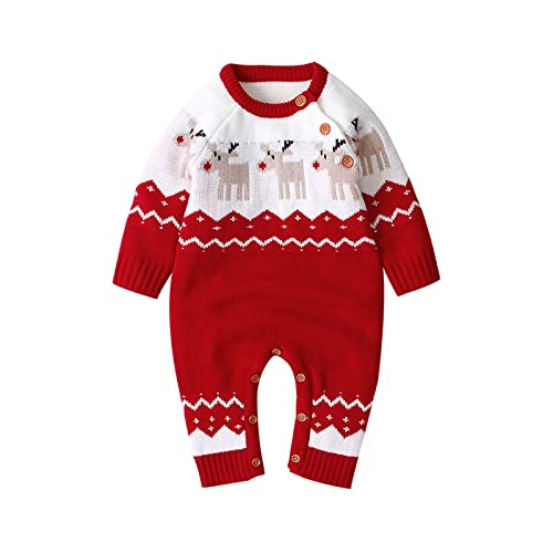 Carolilly Unisex Baby Strampler Weihnachten Elch Rentier Cartoon Strick Langarm und Rote Nase Winter (Rot A, 70) von Carolilly