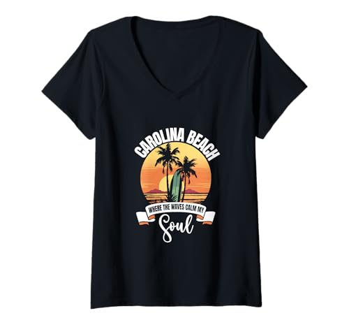 Damen Wellen - Carolina Beach T-Shirt mit V-Ausschnitt von Carolina Beach in North Carolina Designs