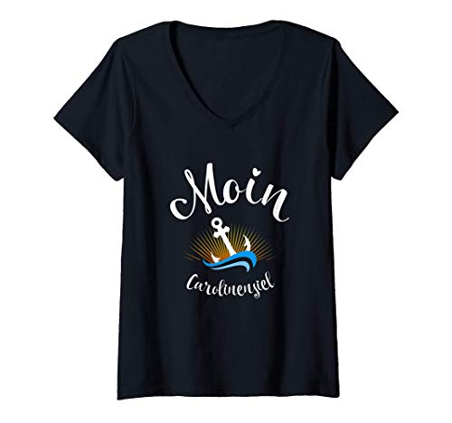 Damen Moin Carolinensiel mit Anker Ostfriesland Küste und Meer T-Shirt mit V-Ausschnitt von Carolinensiel Nordsee Strand Urlaub Plattdeutsch