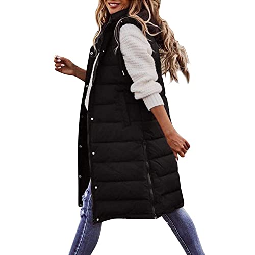 CarpartSJP Daunenweste Damen Lang Winterjacke Daunenjacke Warm Steppweste Damen Lang Casual Daunenmantel Slim Gilet Mit Taschen (Color : Black, Size : 3XL) von CarpartSJP