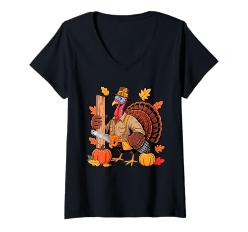Damen Tischler Job Thanksgiving Truthahn Herbstblätter Kürbisse T-Shirt mit V-Ausschnitt Damen Tischler Job Thanksgiving Truthahn Herbstblätter Kürbisse T-Shirt mit V-Ausschnitt von Carpenter Thanksgiving Costume