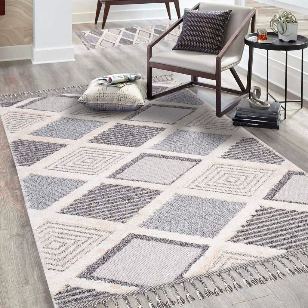 Carpet City Hochflor-Teppich "Valencia 731" rechteckig 20 mm Höhe Läufer, Boho-Stil, 3D-Effekt, Raute, Hoch-Tief-Struktur, mit Fransen von Carpet City