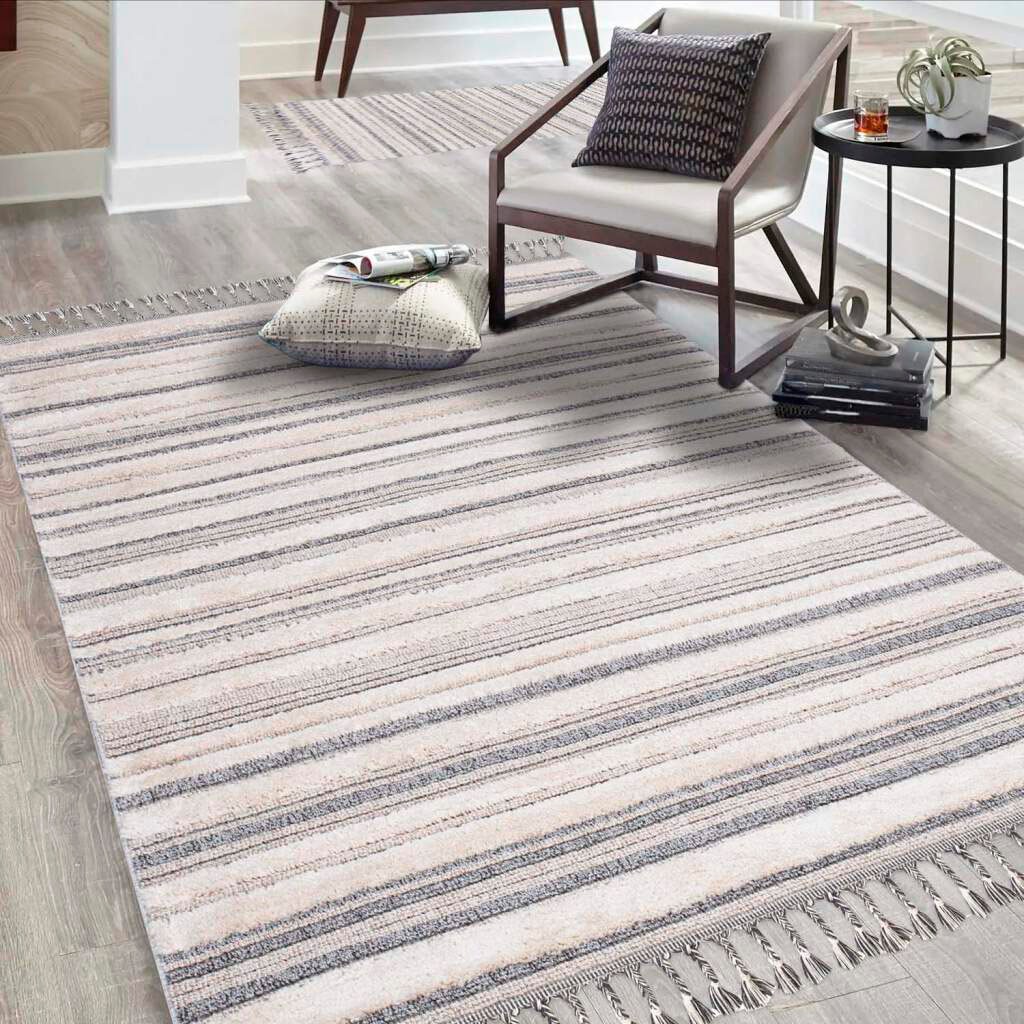 Carpet City Hochflor-Teppich "Valencia 807" rechteckig 20 mm Höhe Läufer, Boho-Stil, 3D-Effekt, Streifen, Hoch-Tief-Struktur, Fransen von Carpet City