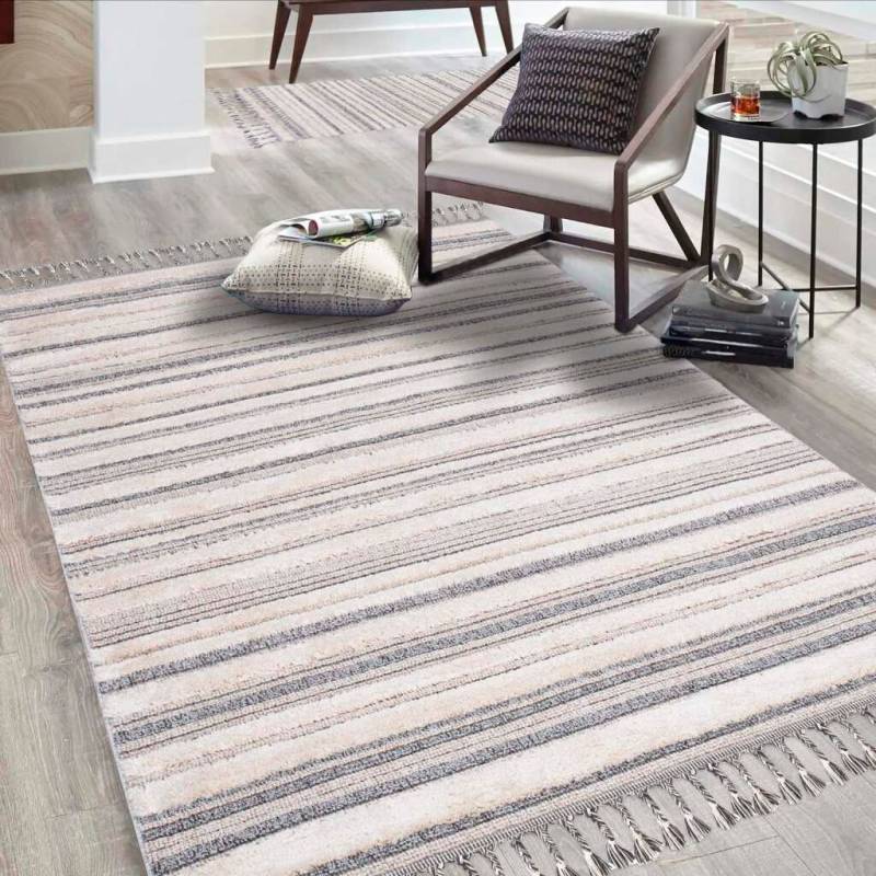 Carpet City Hochflor-Teppich "Valencia 807" rechteckig 20 mm Höhe Läufer, Boho-Stil, 3D-Effekt, Streifen, Hoch-Tief-Struktur, Fransen von Carpet City