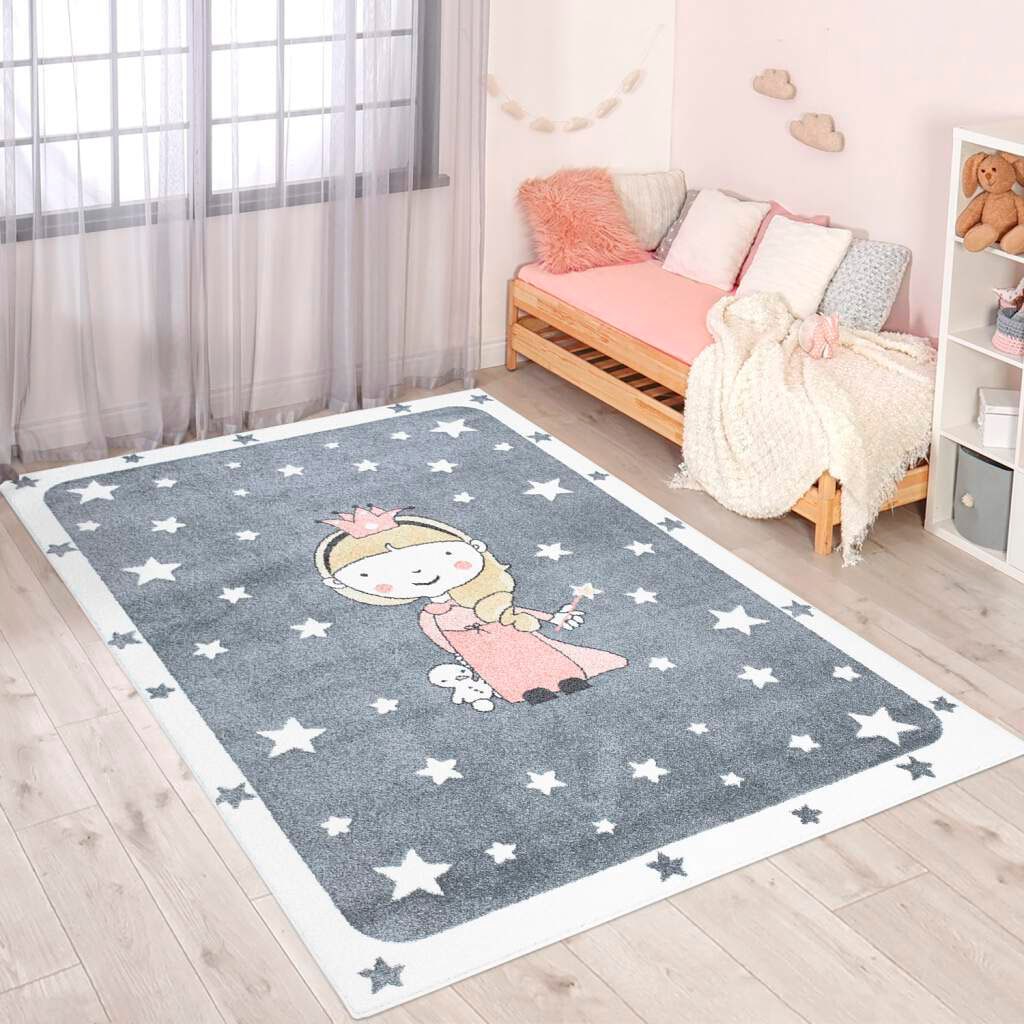 Carpet City Kinderteppich "ANIME893" rechteckig 11 mm Höhe Kinderzimmer Teppich Modern mit Mond, Blumen, Wolken, Creme, Multi von Carpet City