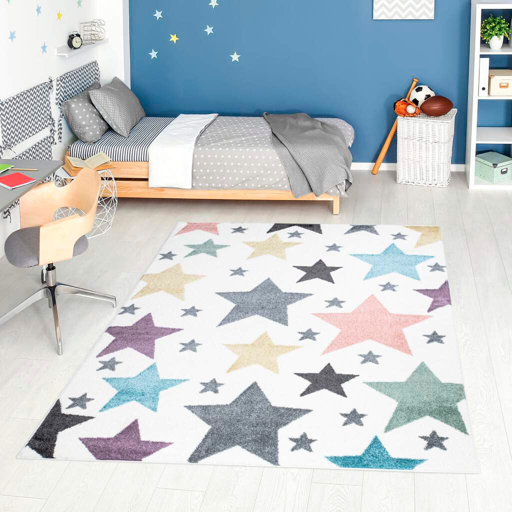 Carpet City Kinderteppich "ANIME903", rechteckig, Kinderzimmer Teppich Modern mit Mond, Blumen, Wolken, Creme, Multi von Carpet City