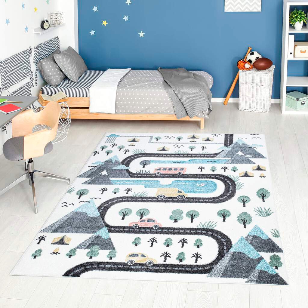 Carpet City Kinderteppich "ANIME904" rechteckig 11 mm Höhe Kinderzimmer Teppich Modern mit Mond, Blumen, Wolken, Creme, Multi von Carpet City