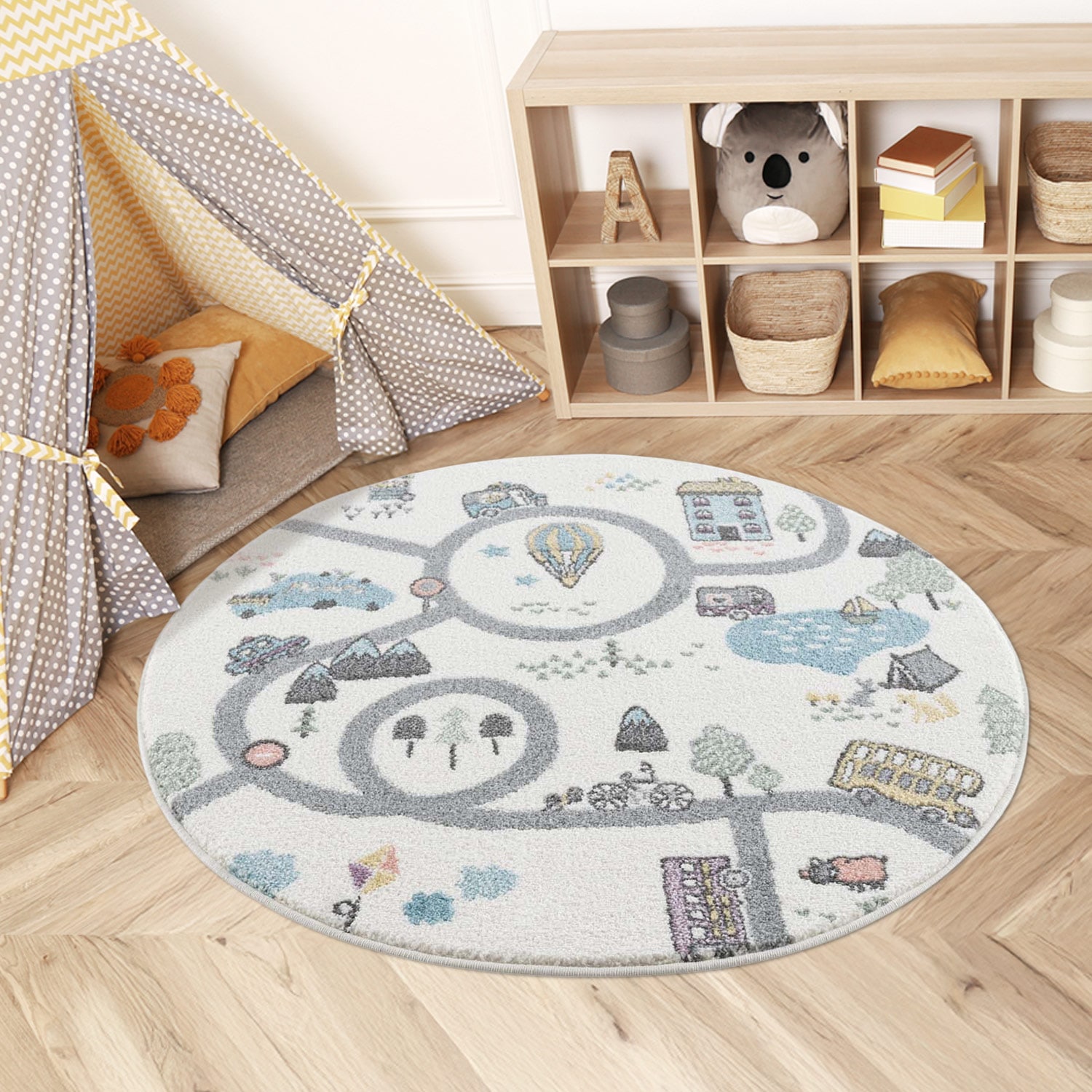Carpet City Kinderteppich "Anime9376" rund 11 mm Höhe Straßen-Spiel-Teppich, Auto, Weicher Flor, Pflegeleicht, Kinderzimmer von Carpet City
