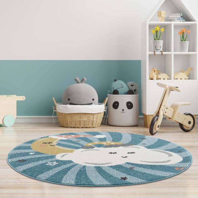 Carpet City Kinderteppich "Anime9380" rund 11 mm Höhe Teppich Mond, Wolken, Sterne, Weicher Flor von Carpet City