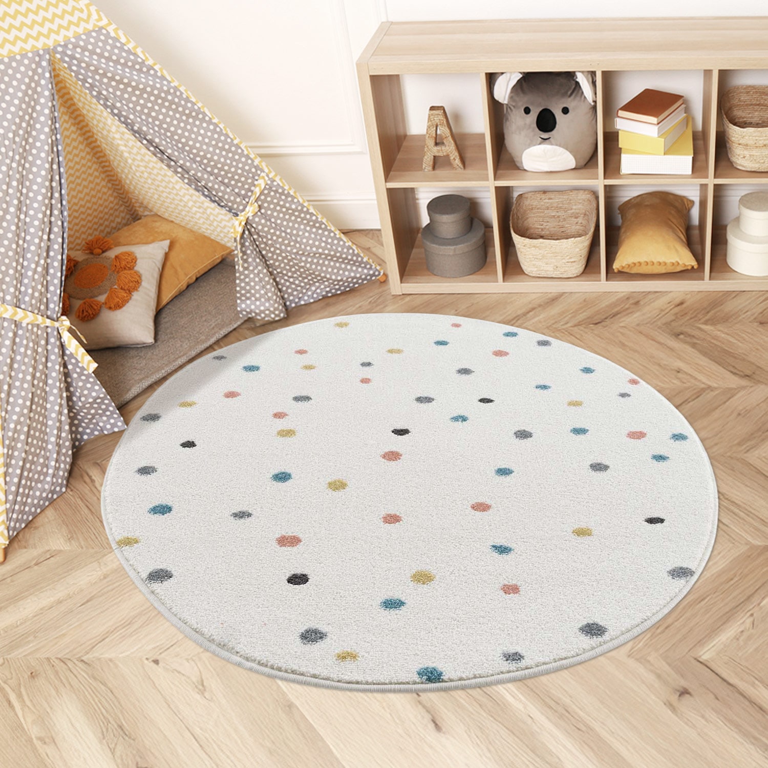Carpet City Kinderteppich "Anime9396" rund 11 mm Höhe Spielteppich, Bunte Punkte, Weicher Flor, Pflegeleicht, Kinderzimmer von Carpet City